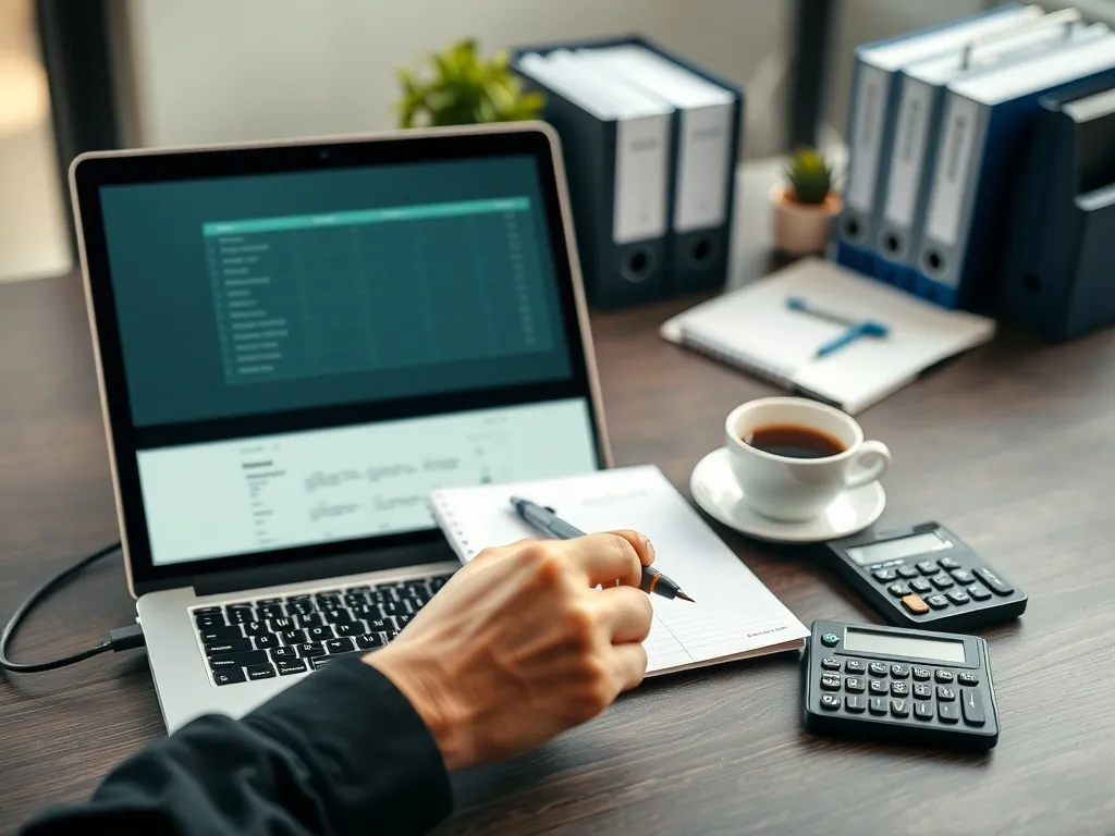 Biurko z laptopem z listą, notatnikiem i kalkulatorem, symbolizujące uporządkowaną kontrolę kontrahentów na białej liście VAT