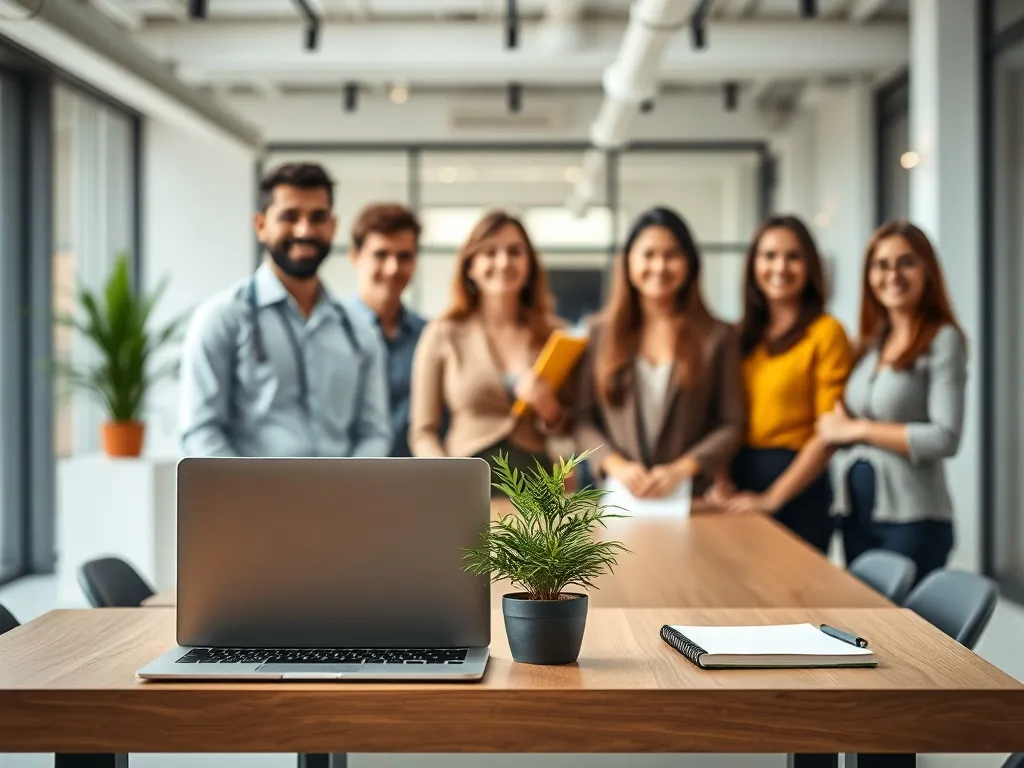 Nowoczesne biuro z uśmiechniętym, różnorodnym zespołem, podkreślające pozytywny wizerunek pracodawcy i atmosferę pracy