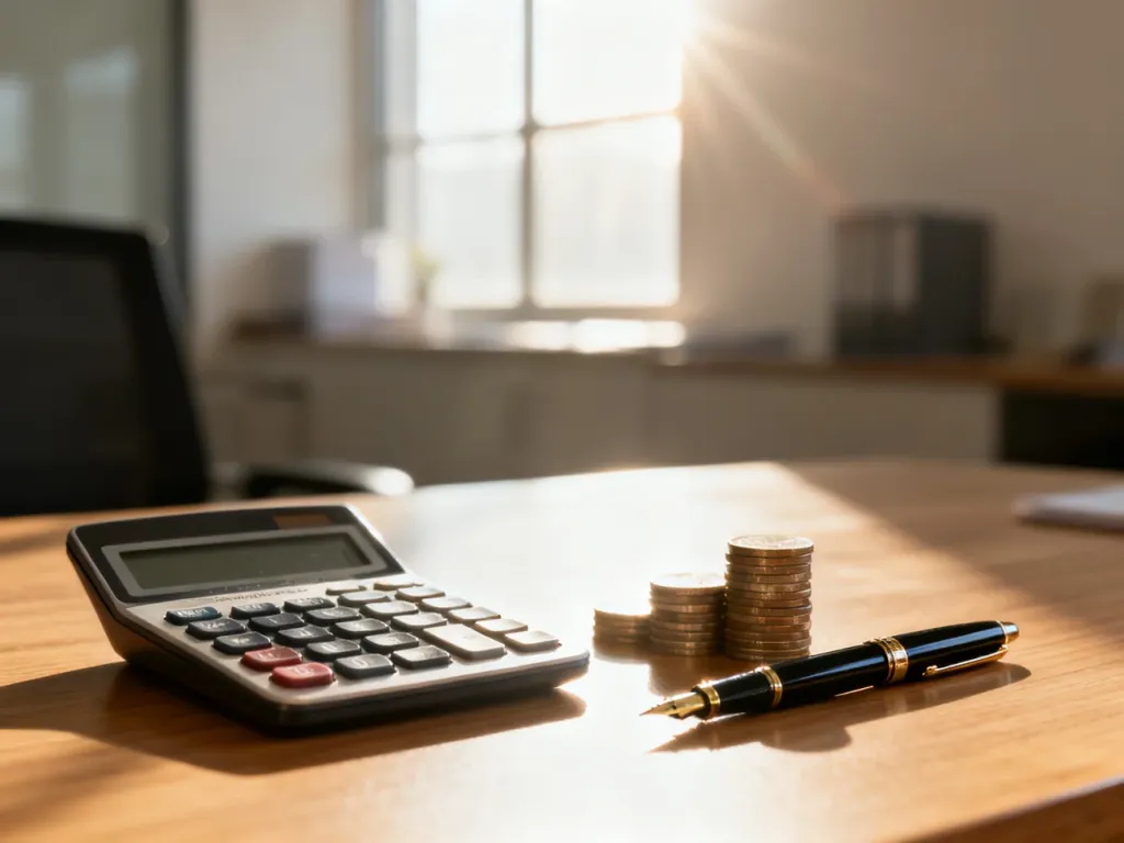 Profesjonalne biurko z kalkulatorem i monetami, symbolizujące planowanie finansów i obliczenia płacowe.