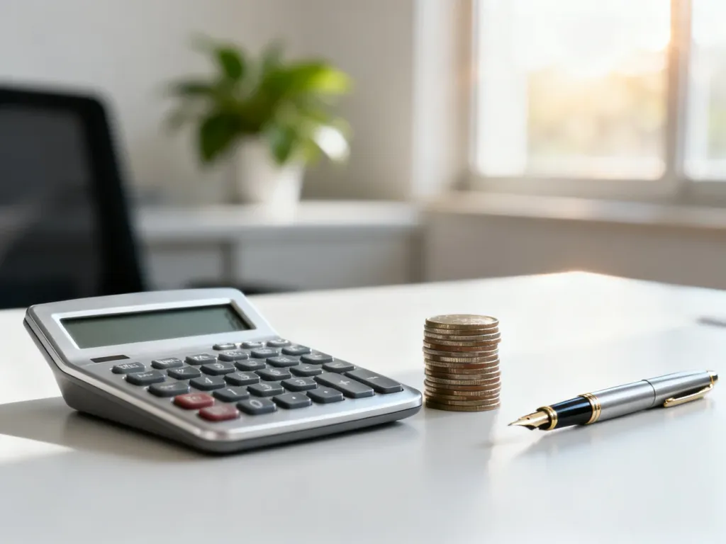 Srebrny kalkulator, monety i pióro na biurku, symbolizujące obliczanie wynagrodzenia i planowanie finansów.