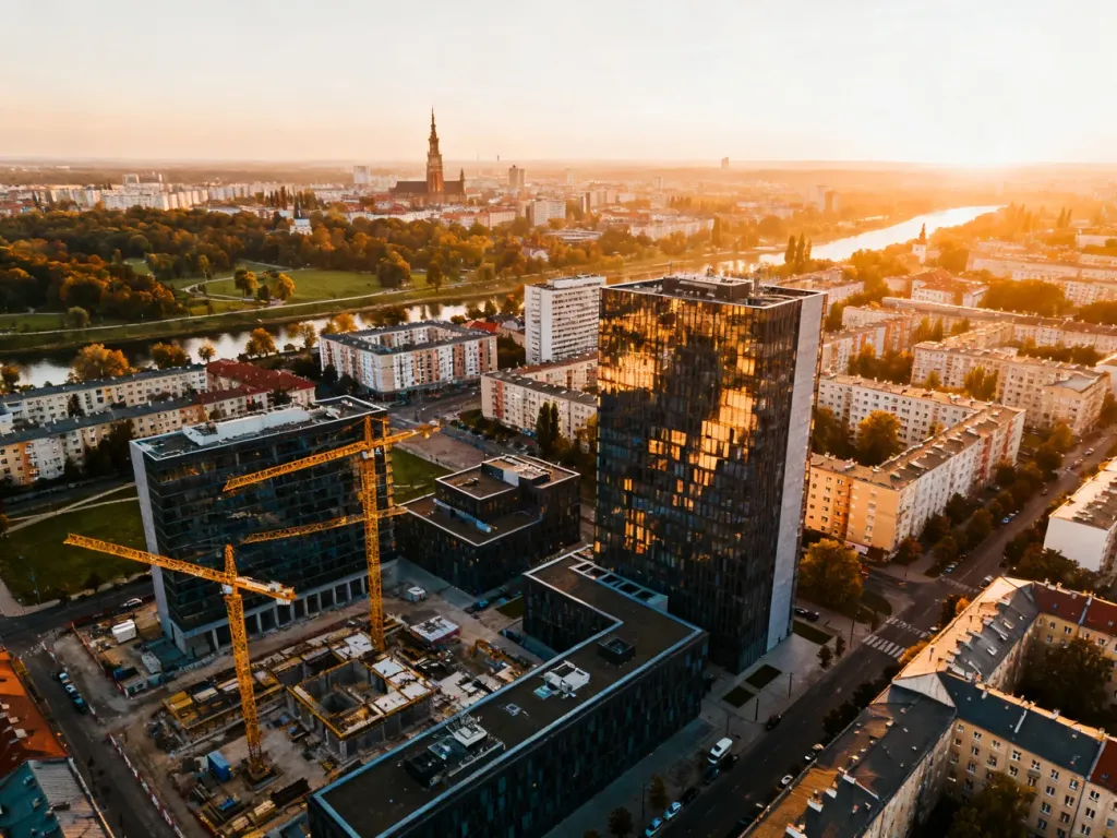 Panorama centrum Poznania o zachodzie słońca z biurowcami, dźwigami i osiedlami, podkreślająca potencjał inwestycji miejskich, no text on the picture